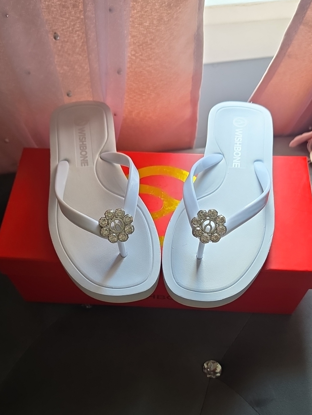 Wishbone White Floral-Embellished Flip Flop Sandals